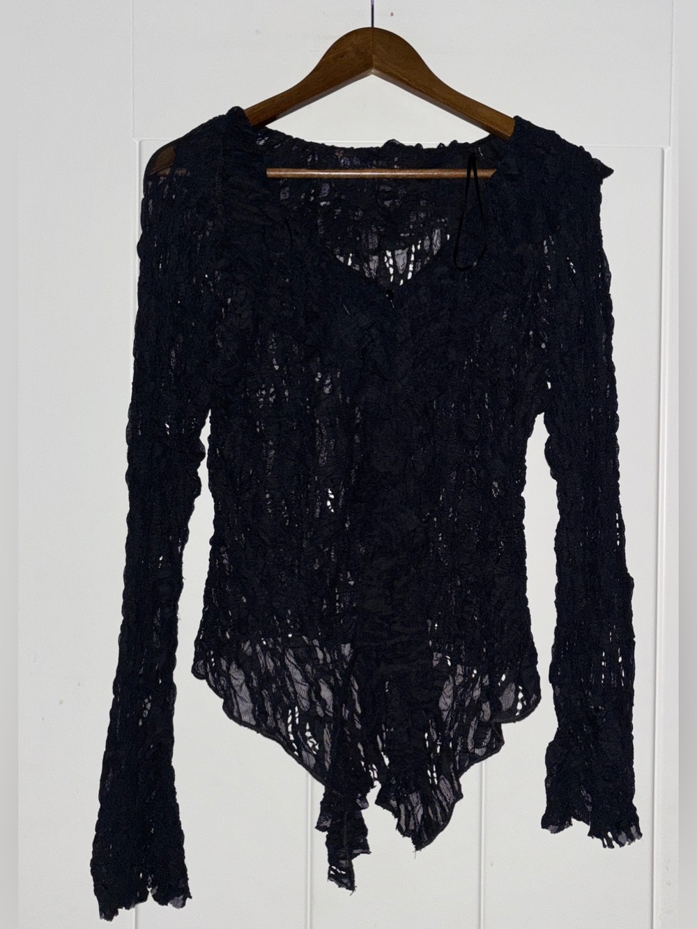 Free People Laney Knit Lace Longline Black Fitted Cardi Women L Delicate NEW